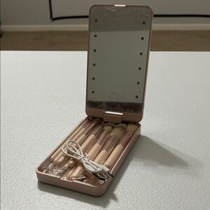 Pink Makeup Brush Set with LED Mirror